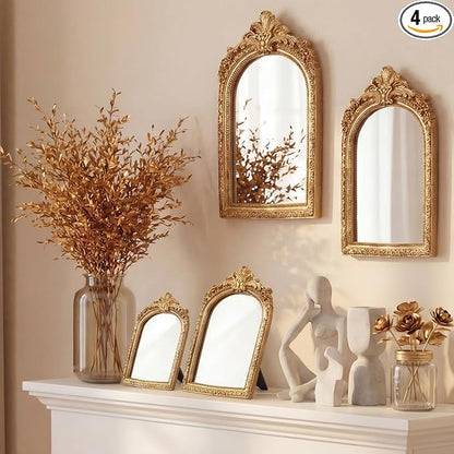 Thyle 4 Pcs Vintage Mirror Set Gold Antique Makeup Mirror Arch Retro Resin Baroque Decorative Wall Square Hanging Desk Tabletop Room Bedroom Bathroom Gallery (13x9 10x7 8x5 7x4)(Light Color)