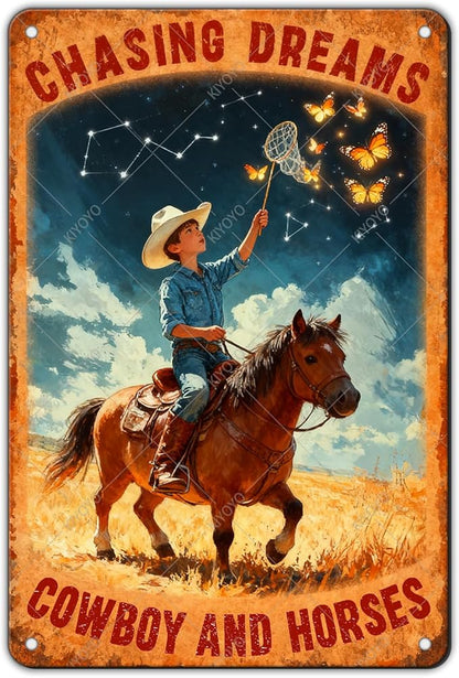 Cowboy and Horses Sign Cowboy Vintage Tin Sign Chasing Dreams Metal Poster Home Farmhouse Wall Decor 12x8 Inch