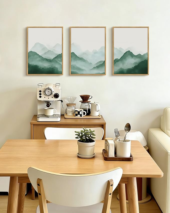 PHOPAGO Green Watercolor Fog Mountains Framed Wall Art Vintage Nature Landscape Artwork Paints Boho Rustic Scenic Room Decor for Dining Room Hallway - 12x16in Natural Framed