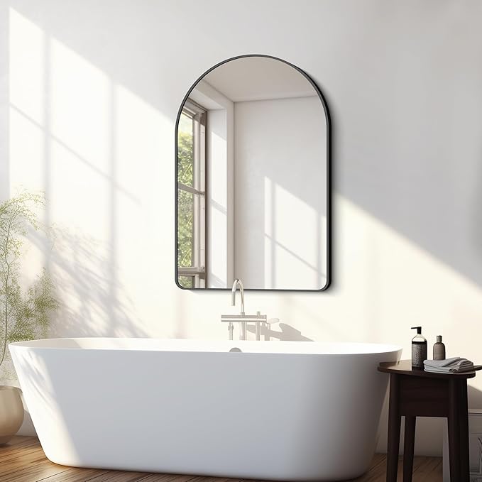 FORBATH Arched Bathroom Mirror 26x38 Inch, Bathroom Mirror Wall Mounted Modern Black Aluminum Alloy Frame Decor Dresser Mirror for Bedroom Living Room Entryway, Hanging or Leaning Against Wall
