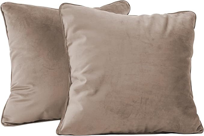FDP 18" x 18" Velvet Square Pillow Set with Piping; Decorative Throw Pillow for Home Décor in Living Room, Bedroom or Lounge (2-Pack) - Caffe, 15158-346