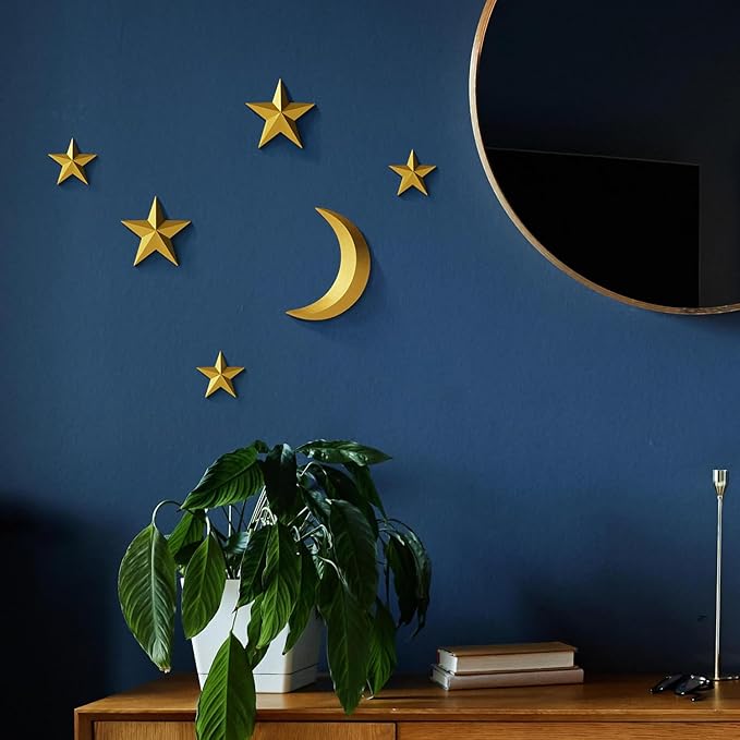 MidModArt 6PCS Mid Century Modern 3D Star Wall Art Gold Retro Starburst Sculptures Vintage Celestial Home Decor, Gold Moon