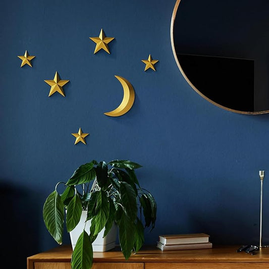 MidModArt 6PCS Mid Century Modern 3D Star Wall Art Gold Retro Starburst Sculptures Vintage Celestial Home Decor, Gold Moon