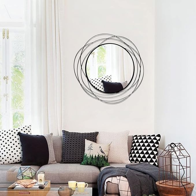 ironsmithn Round Wall Mirror, Black Metal Frame Mirror with Orbital Design, Rounded Hanging Mirrors Decorative, Circle Mirrors for Bathroom Vanity Living Room Bedroom, 26.8" x26.8"
