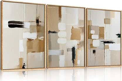 Large Abstract Beige Framed Canvas Wall Art Set, Neutral Textures Wall Decor, Warm Minimalist Shapes Wall Painting, Modern Neutral Art Prints for Living Room, Bedroom, Office - 24"X36"X3