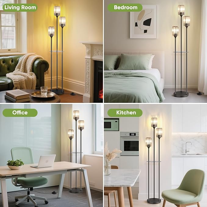 Crystal Floor Lamp for Living Room with Shelves, Industrial Modern Standing Black Lamp with Table for Bedroom, Glass Vintage Unique Tall 3-Lights Fancy Lamp with ON/Off Foot Switch