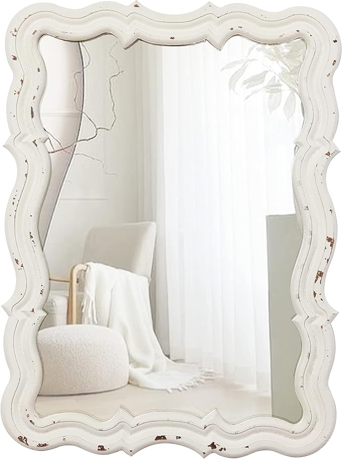 Vintage Small Scalloped Wall Mirrors Decorative 16 x 12 inch, Hanging Distressed White Sculpted Wood Bathroom Vanity Mirror, Rustic Entryway Mirror, Farmhouse Wall Mounted Mirrors