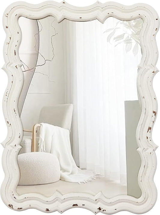 Vintage Small Scalloped Wall Mirrors Decorative 16 x 12 inch, Hanging Distressed White Sculpted Wood Bathroom Vanity Mirror, Rustic Entryway Mirror, Farmhouse Wall Mounted Mirrors