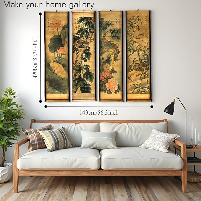 CIFIBIFUN Wall Asia Art Prints Posters Painting Plant Flower Vintage Style,4 Panels Old Paper Scroll, Home Walls Decor (Super Old Aging Paper, B Plants Birds)