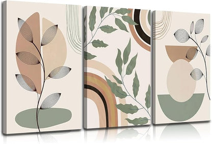 3 pcs Framed Boho Canvas Wall Art Green Sage Botanical Painting Wall Decor Pictures Mid Century Modern Minimalist poster print for Living Room Bedroom Bathroom Home Decoration