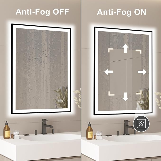 24x32 inches Rectangular Aluminum Black Framed LED Mirror, Smart Bathroom Mirror with Lights, Anti-Fog, Tempered Glass, 3 Colors Dimmable, Front and Backlit, Wall Mounted, Memory