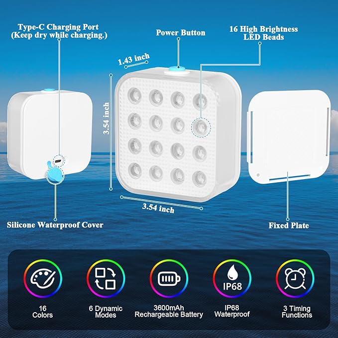Rechargeable Pool Lights with Remote, 16 Color Changing Submersible LED Lights, Waterproof Pool for inground, Ponds, Bathtub Decorations, 2 Pack