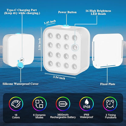 Rechargeable Pool Lights with Remote, 16 Color Changing Submersible LED Lights, Waterproof Pool for inground, Ponds, Bathtub Decorations, 2 Pack