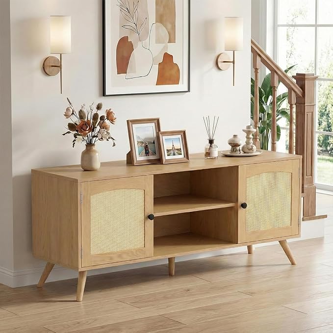 holzart Mid Century Modern Rattan TV Stand for 55/60 Inch TV - 53" Boho Media Console Table with Cane Doors & Open Shelves, Oak Wood Finish Entertainment Center for Living Room, Hallway, Entryway