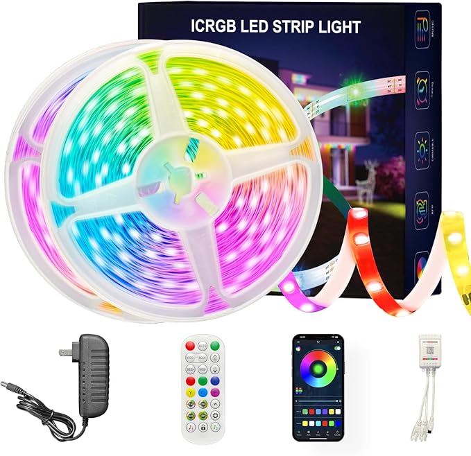 Led Lights for Bedroom 130FT Smart IC+RGB, Music Sync Color Changing Strip Lights, 24Key Remote+App Control Light Strip for BedHead,Underbed,Ceiling,Background Wall(2Rolls of 65.6FT)