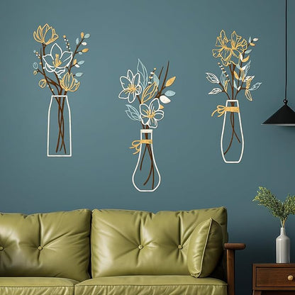 Zzbakress 3 Pcs Metal Flowers Wall Arts Rustic Farmhouse Decor Bathroom Wall Decor Metal Wall Decor for Living-room Dining-Room Kitchen Minimalist Decor Housewarming Gifts (Beige Gold)