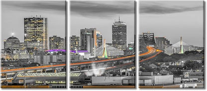 TUMOVO Boston Massachusetts Skyline Canvas Paintings Office Decor Bridges and Highways at Dusk Wall Decor 3 Pieces City Skyline Wall Decor for Bedroom, Living Room.Ready to Hang (36" Wx16 H)