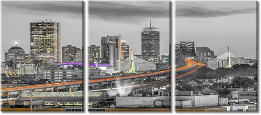 TUMOVO Boston Massachusetts Skyline Canvas Paintings Office Decor Bridges and Highways at Dusk Wall Decor 3 Pieces City Skyline Wall Decor for Bedroom, Living Room.Ready to Hang (36" Wx16 H)