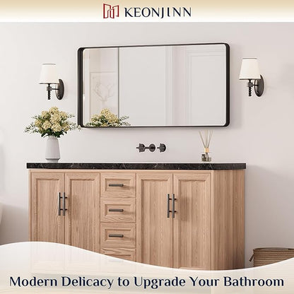 Keonjinn Black Bathroom Mirror for Over Sink, 42 x 20 Inch Rounded Rectangle Bathroom Vanity Mirror, Matte Black Sandblasted Finish, HD Tempered Glass, Wall Mirrors with Seamless Aluminum Alloy Frame