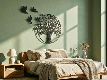 VAILLA Wooden Tree Ring Wall Art 3D Wall Decor Wood Round Wall Hanging Sculpture Modern Home Decoration Textured Sculptures for Living Room Bedroom Office Dinnig Room Family Tree Wall Hangings - Birds