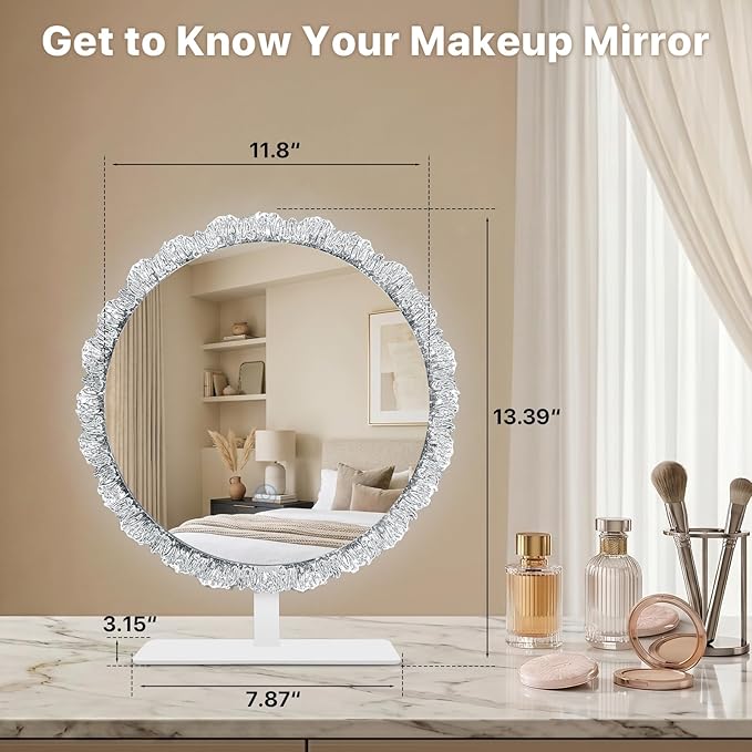 LED Makeup Mirror with Light - 11" Silver Crystal Vanity Mirror for Bedroom Dressing Room, 3 Color Temperature Touch Dimming, Adjustable Angle, Beauty Gift for Girlfriend & Women