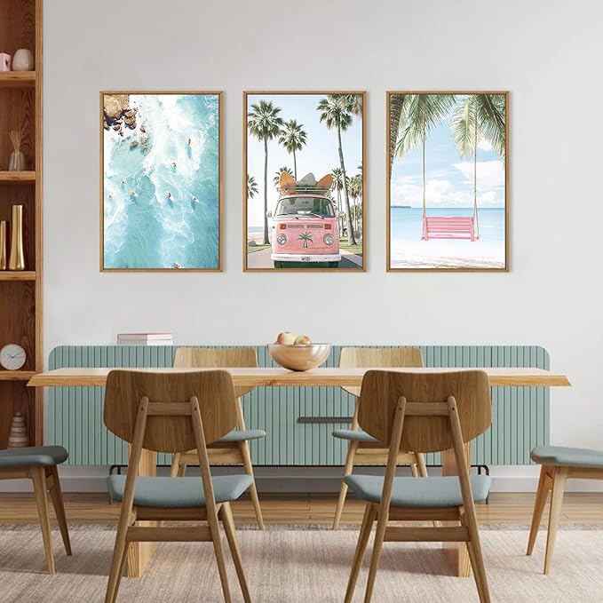 Large Summer Beach Surfing Scene Framed Canvas Wall Art Set,Coastal Pink Van and Surfboards Wall Decor,Trendy Beach Swing Palm Trees Artwork for Living Room,Bedroom-24 x36 x3