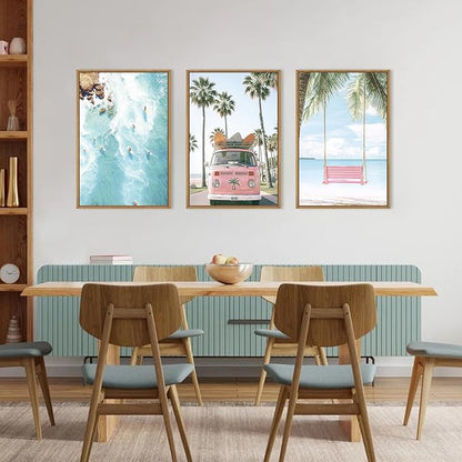 Large Summer Beach Surfing Scene Framed Canvas Wall Art Set,Coastal Pink Van and Surfboards Wall Decor,Trendy Beach Swing Palm Trees Artwork for Living Room,Bedroom-24 x36 x3