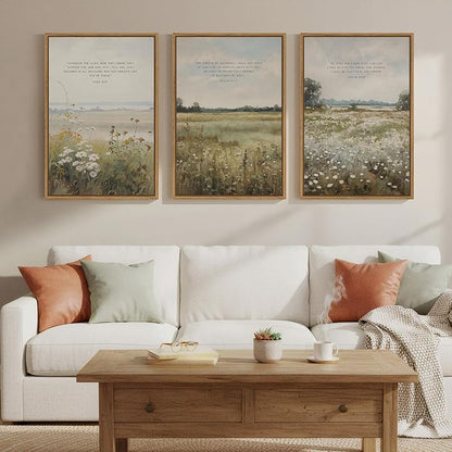 Framed Christian Wall Art Set of 3, Large Wildflower Bible Verse Canvas Prints, Vintage Pastoral Landscape Scripture Artwork for Living Room Bedroom Office Prayer Room, 16x24 Inch