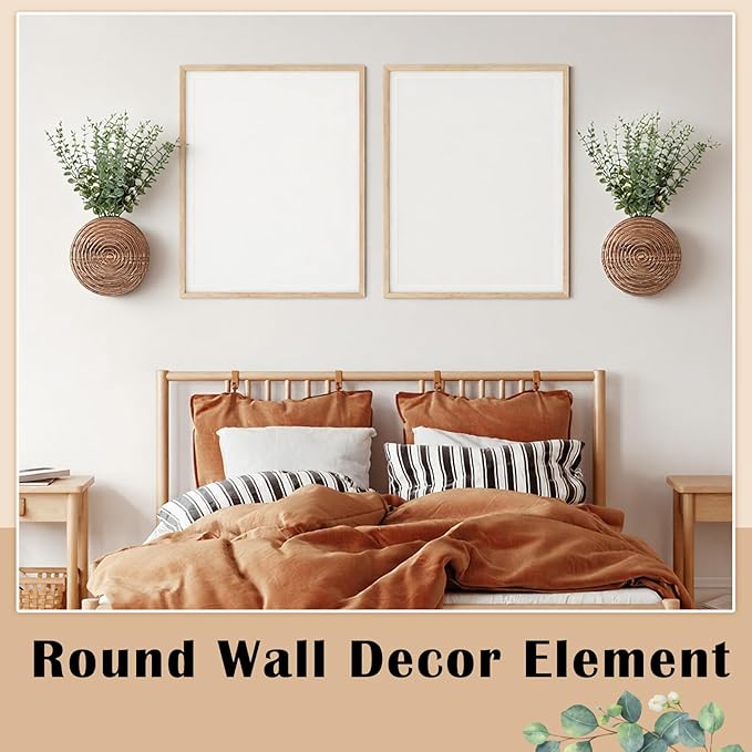 2 Pack Round Wooden Wall Vase Indoor Plants Hanging Boho Modern Farmhouse Wall Art Decor for Living Room, Bathroom Entryway, Hallway Fake Flower Plants
