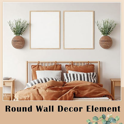2 Pack Round Wooden Wall Vase Indoor Plants Hanging Boho Modern Farmhouse Wall Art Decor for Living Room, Bathroom Entryway, Hallway Fake Flower Plants