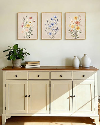 PHOPAGO Vintage Wildflower Bouquet Framed Wall Art Botanical Flower Wall Decor Modern Colorful Floral Living Room Bedroom Hanging Decor - 11x14in Natural Framed