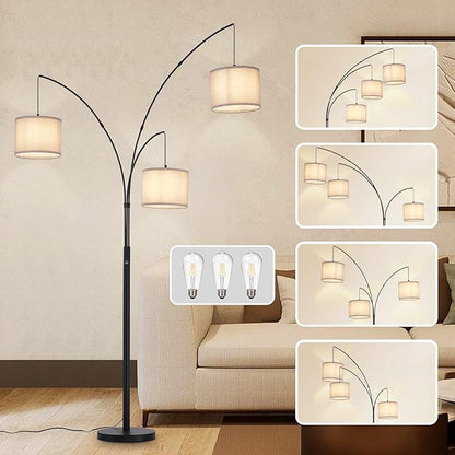 DLLT Modern Floor Lamp for Room: 3-Light Black Tree Dimmable Floor Lamps with Black Shades for Living Room - Arc Standing Lamp for Bedroom - Tall Floor Lamp for Office Corner 3 LED Bulbs Included