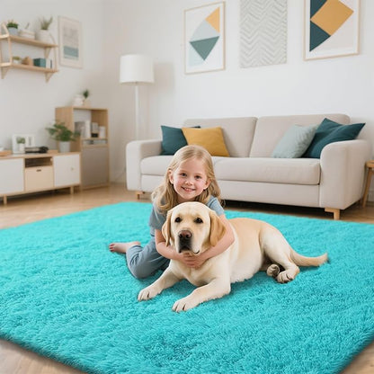 yongyangjuxin Teal Blue Rug Fluffy Rug, 10x14 Teal Area Rugs for Living Room, Soft Cute Baby Play Mat, Teal Rugs for Bedroom, Nursery, Preppy Dorm, Plush Aesthetic