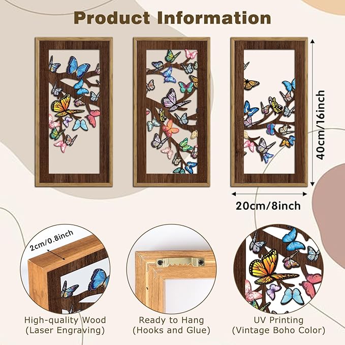 KAIRNE Butterfly Wooden Wall Art,Boho Wall Decor Chic Set of 3(8”X16”),Vintage Tree Animal Hanging Wall Decor,Rustic Farmhouse Wall Sign,Minimalist Natural Posters for Bathroom Living Room Decor,Framed
