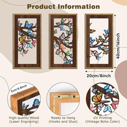 KAIRNE Butterfly Wooden Wall Art,Boho Wall Decor Chic Set of 3(8”X16”),Vintage Tree Animal Hanging Wall Decor,Rustic Farmhouse Wall Sign,Minimalist Natural Posters for Bathroom Living Room Decor,Framed