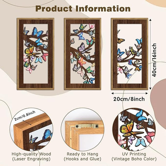 KAIRNE Butterfly Wooden Wall Art,Boho Wall Decor Chic Set of 3(8”X16”),Vintage Tree Animal Hanging Wall Decor,Rustic Farmhouse Wall Sign,Minimalist Natural Posters for Bathroom Living Room Decor,Framed