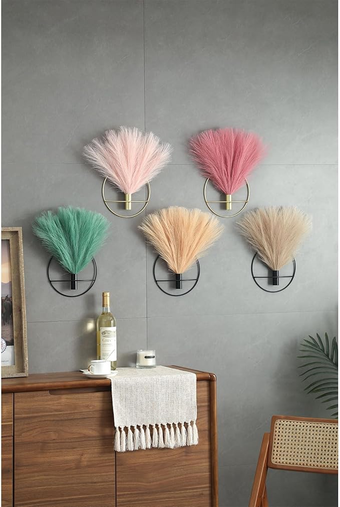 Pretty Jolly Wall Decor, Metal vase Decoration Holder, Wall-Mounted Artificial Flowers, Fake Pampas 2 Pack, Art Greenery,Farmhouse,Boho