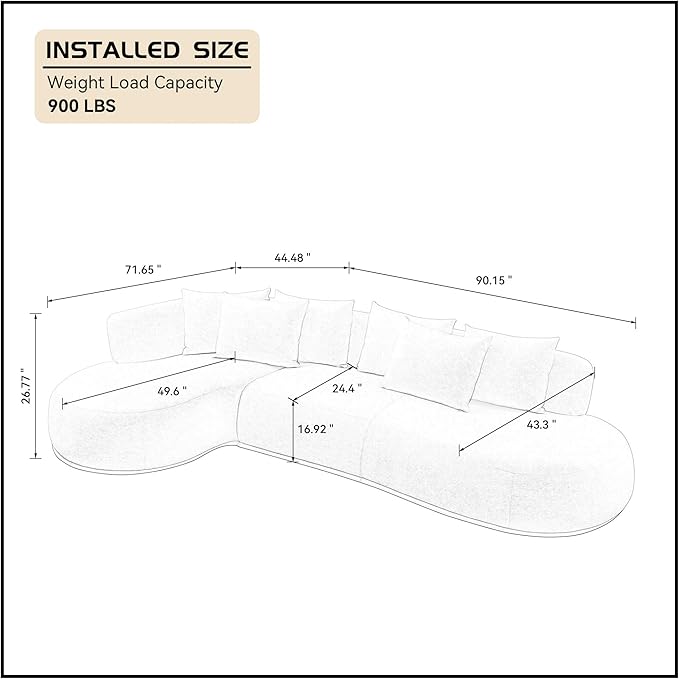 WILLIAMSPACE 134.63" Oversize Curved Sofa Cloud Couch with Round Chaise, Modern Upholstered Curved Sectional Sofa Couch with 6 Pillows for Living Room, No Assembly (Left-Facing,Cream White)