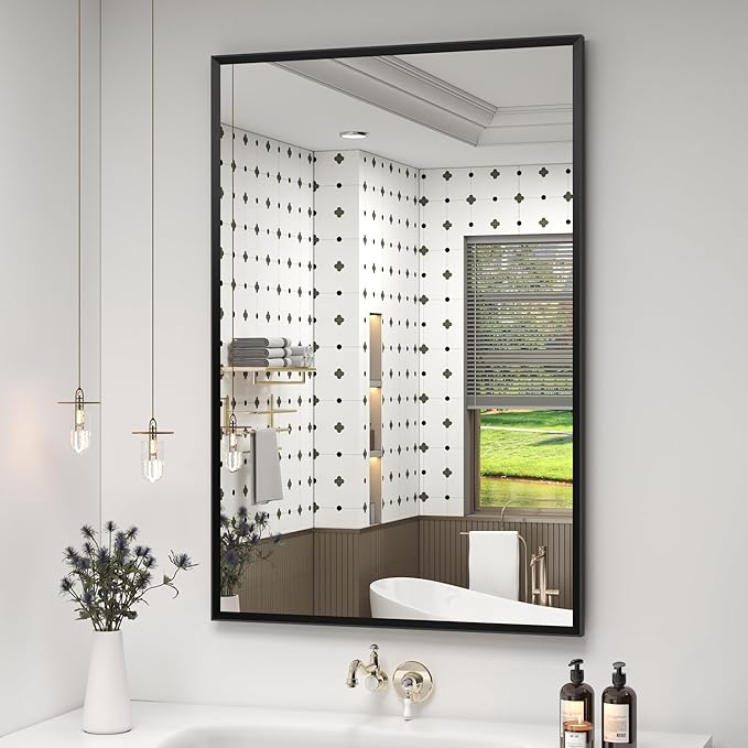 24" x 36" Black Framed Bathroom Mirror for Over Sink, Rectangular Beveled Framed Vanity Mirror, Right Angle Corner, HD Reflection, Horizontal or Vertical Mount