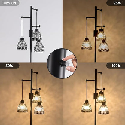 -Modern 3-Head Floor Lamp with Crystal Beads, Industrial Metal Standing Lamp Adjustable Hanging Light for Living Room-Black