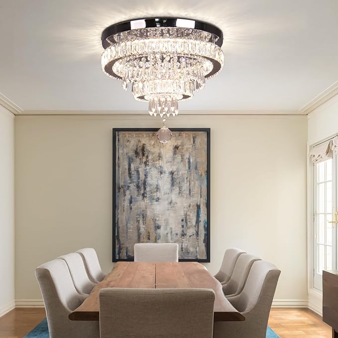 Crystal Chandeliers Modern Crystal Chandelier Flush Mount Ceiling Light Fixture with Remote Control for Bedroom Dining Room Living Room (16 inch Dimmable)
