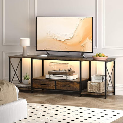 LED TV Stand with 2 Fabric Drawer - 63" Industrial TV Console Table with Open Storage Shelves for Living Room,Bedroom, Entertainment Center TV Stands for 65-75" TV - Black Steel Frame