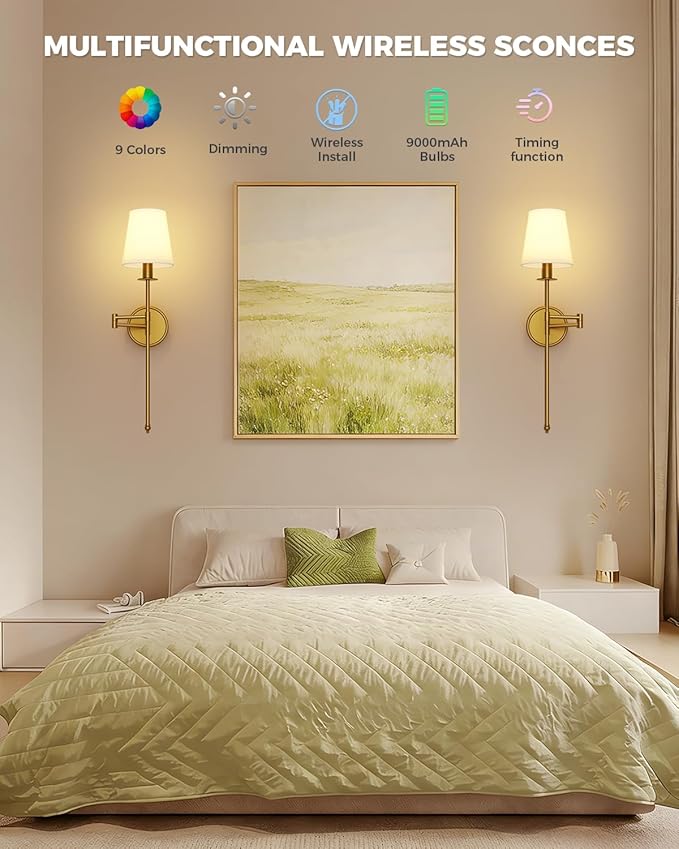 Joosenhouse Battery Operated Wall Sconces (Set of 2), Wireless Dimmable Wall Lights, 9 RGB Color Options, 24.8-inch Brass Indoor Wall Lamps, for Decorating bedrooms, Living Rooms, and hallways