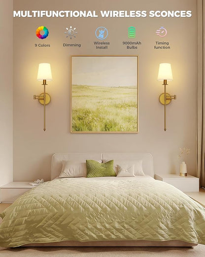 Joosenhouse Battery Operated Wall Sconces (Set of 2), Wireless Dimmable Wall Lights, 9 RGB Color Options, 24.8-inch Brass Indoor Wall Lamps, for Decorating bedrooms, Living Rooms, and hallways