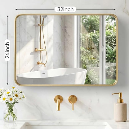 NEWBULIG 24X32 Inch Bathroom Mirror for Over Sink, Wall Vanity Mirrors Tempered Glass, Anti-Rust Metal Framed Rounded Rectangle, Hangs Horizontally or Vertically, Farmhouse Home Decor, Gold
