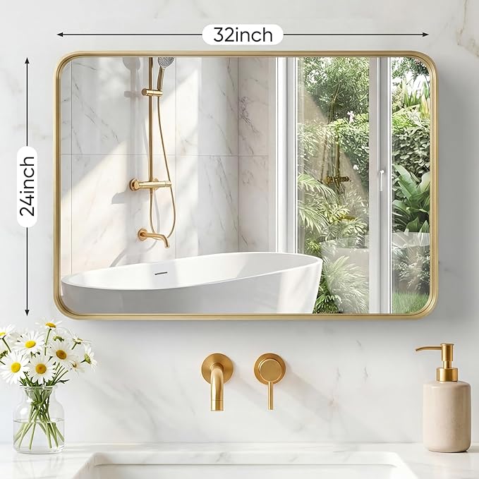 OLIXIS Bathroom Mirror for Over Sink, 24x32 Inch Wall Rounded Rectangle Mirror with Matte Metal Framed, Modern Wall Mount Vanity Mirror for Home Decor, Living Room, Bedroom, Gold