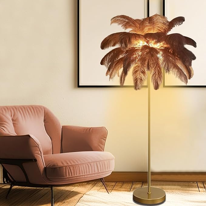 Feather Floor Lamp,Fluffy Ostrich Feather Floor Lamp for Bedroom,3 Color Temperatures Led Corner Modern Floor Lamps for Living Room Christmas Home Decor House Warming Gifts,63″ Height,50 Piece(Brown)
