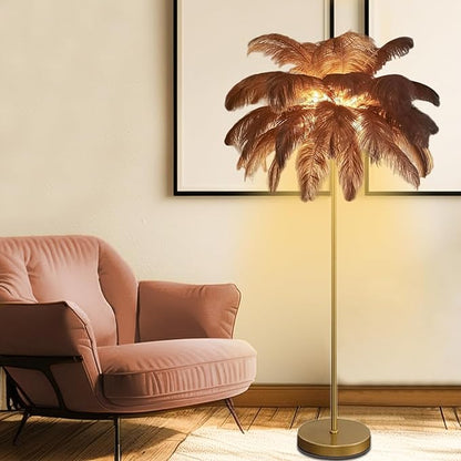 Feather Floor Lamp,Fluffy Ostrich Feather Floor Lamp for Bedroom,3 Color Temperatures Led Corner Modern Floor Lamps for Living Room Christmas Home Decor House Warming Gifts,63″ Height,50 Piece(Brown)