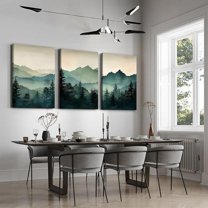 Mountain Wall Art Decor Set of 3 Sage Green Forest Canvas Wall Art Prints Nature Landscape Wall Decor Watercolor Pine Tree Pictures Abstract Modern Painting for Living Room Bedroom 16x24 Inch Framed