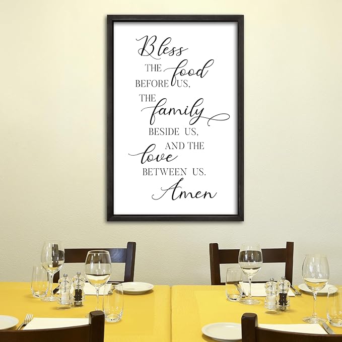 comurdyo Kitchen Wall Decor Bless the Food Before Us Prayer Farmhouse Christian Sign 16"×11" Framed Wood for Small Modern Religious Holy Dining Room Kitchen Plaque Wall Art Hanging (Black)